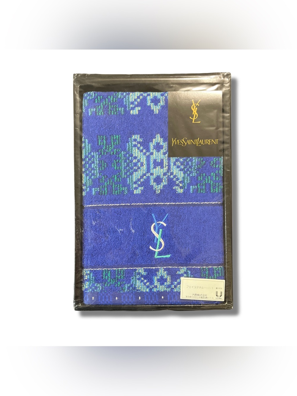 Vintage YSL Face Towel Sealed Box Blue Green Geometric Japan Uchino Collectible